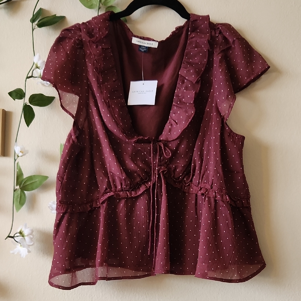American Eagle Outfitters Maroon Ruffle Blouse - L - Picture 2 of 5